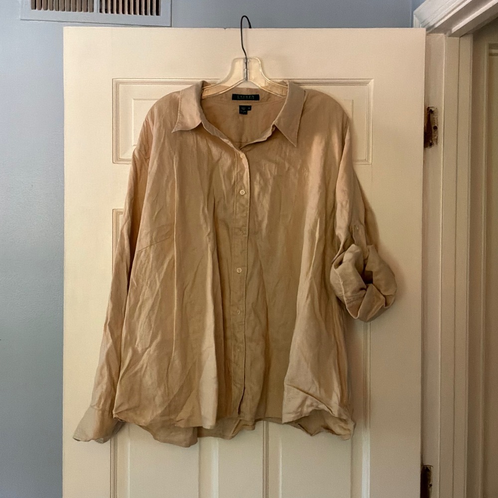 Lauren Ralph Lauren Tan 100% Linen Roll Tab Button Down Shirt 3X Neutral Natural